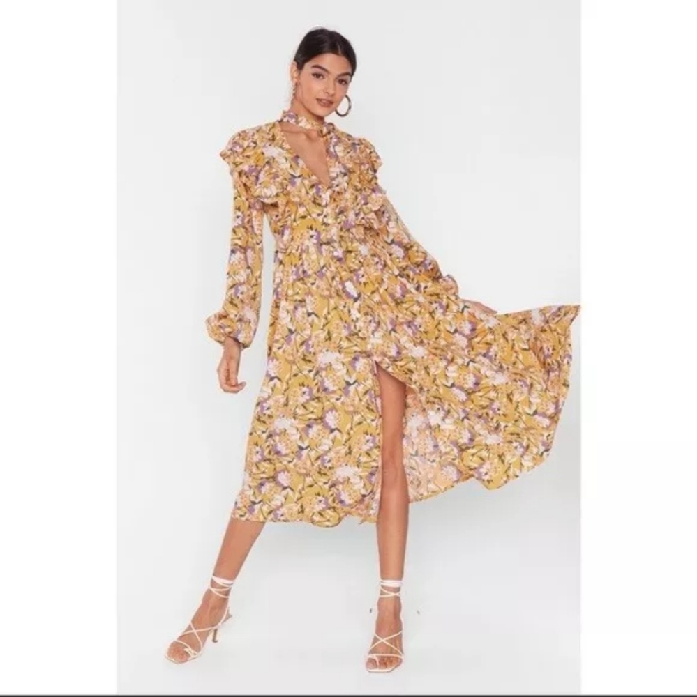 Nasty Gal Floral You Know Ruffle Midi Dress Size 6